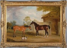 Handmade Old Master-Art Antique Oil Painting Animal Bay Racehorse dog on canvas