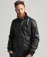 Knitted Collar Leather Bomber Jacket Men's Black Lambskin Pure Leather All Sizes