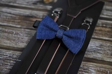 Boy Baby Kids Navy Blue Denim Bow Tie  Brown Leather Adjustable Suspenders Set