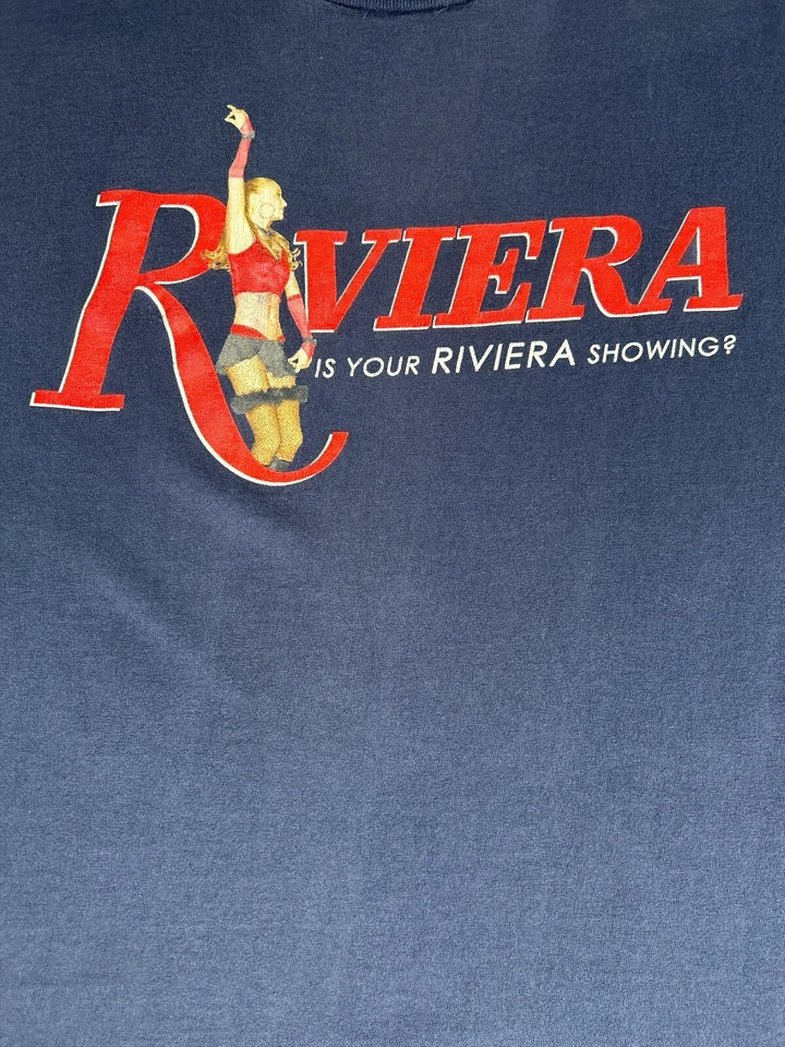 Riviera Casino Blue T-Shirt “Is Your Riviera Showing” Las Vegas Showgirl Sz XL - Изображение 2 из 4