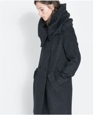 Zara Shaw Collar Wrap Around Ink Blue Grey Wool Rich Blend Coat - Large L