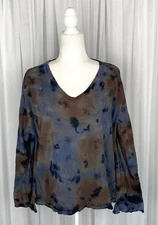 Caite Women's Relaxed Fit Sz S Blue Tie Dye Cotton V Neck Long Sleeve Knit Top
