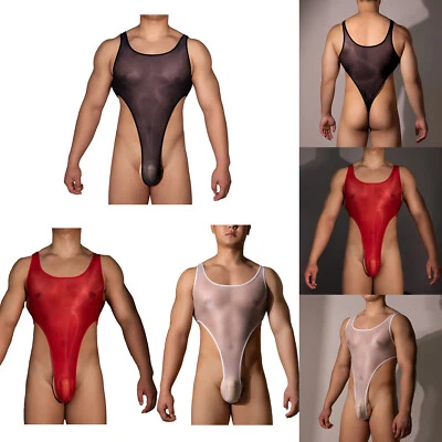 YiZYiF Herren Öl Glänzende Bodysuit Rückenfrei Stringbody Hoher Schnitt Leotard - Bild 1 von 3
