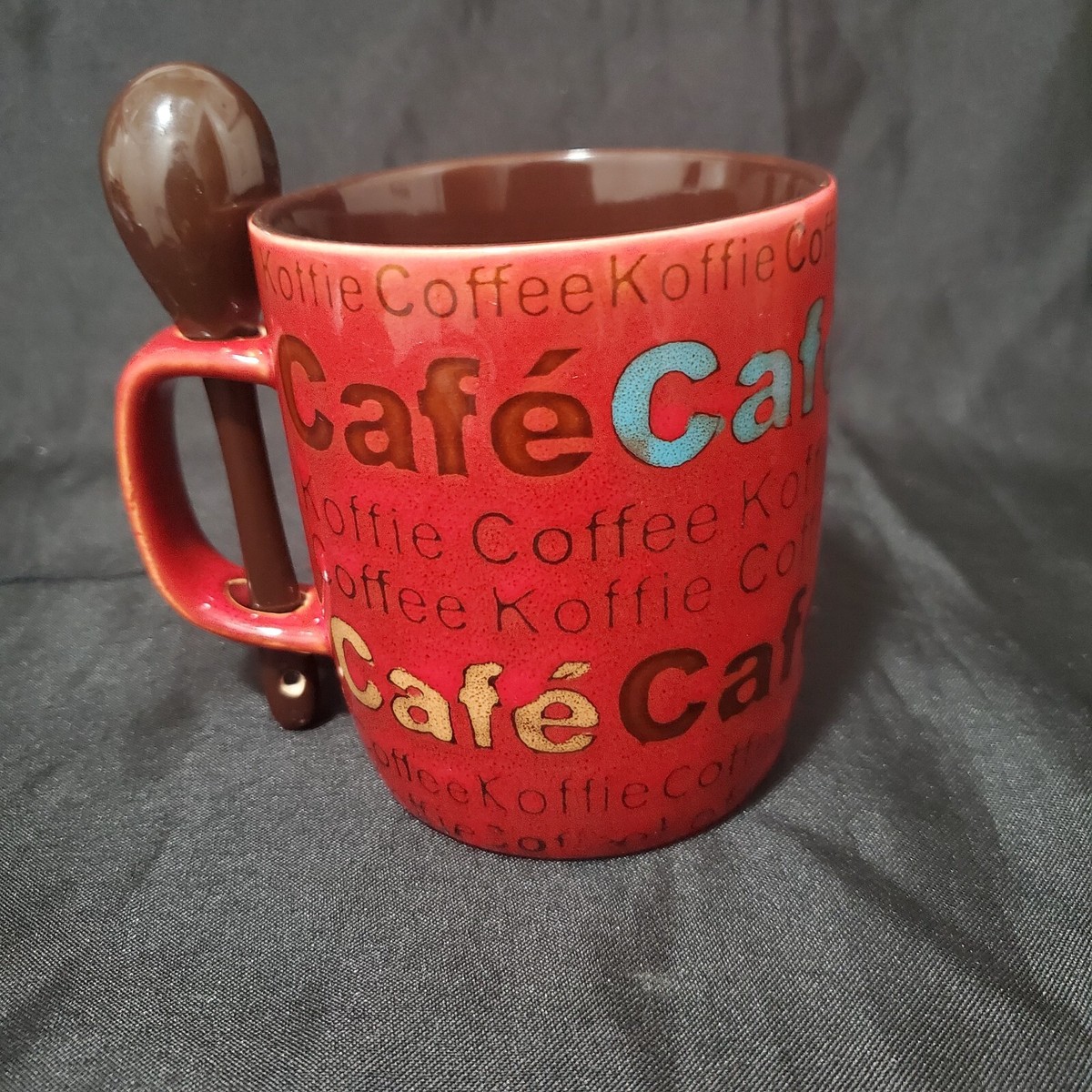 Mr. Coffee Red Coffee Caf 10 oz. Ceramic Coffee Mug Cup with spoon