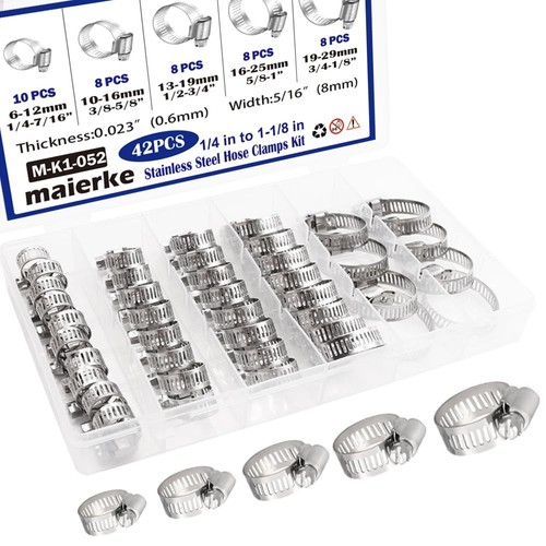 42PCS Hose Clamp Assortment Kit,1/4''–1-1/8'' 304 Stainless Steel Worm Gear H...