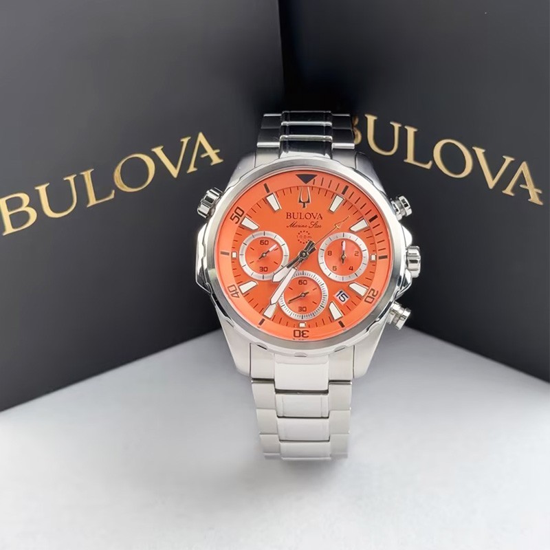 Bulova Marine Star Series B 96B395 Orange Dial Quartz Men's Watch 43mm