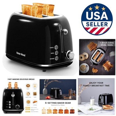 Retro Stainless Steel 2-Slice Toaster with Bagel, Cancel, and Defrost Functions