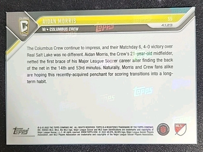Aidan Morris 2023 Topps Now MLS 1st Brace Orange #55 Columbus Crew #2/5 - Image 3 of 3