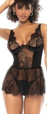 Colombiana Mapale Raven Eyelash Lace Satin Underwire Babydoll w/ Matching Thong