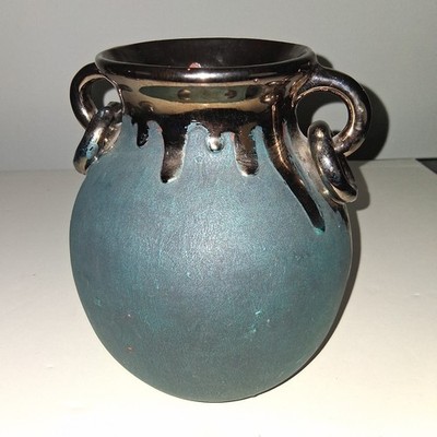 Large Studio Pottery Amphora Vase8'' Turquoise Matte Glaze Metallic Platinum Drip