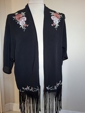 Black Fringed kimono with embroidered flower detail excellent condition