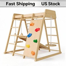 Toddler 8-in-1 Indoor Wooden Jungle Gym Climbing Playset Slide Swing Monkey Bars