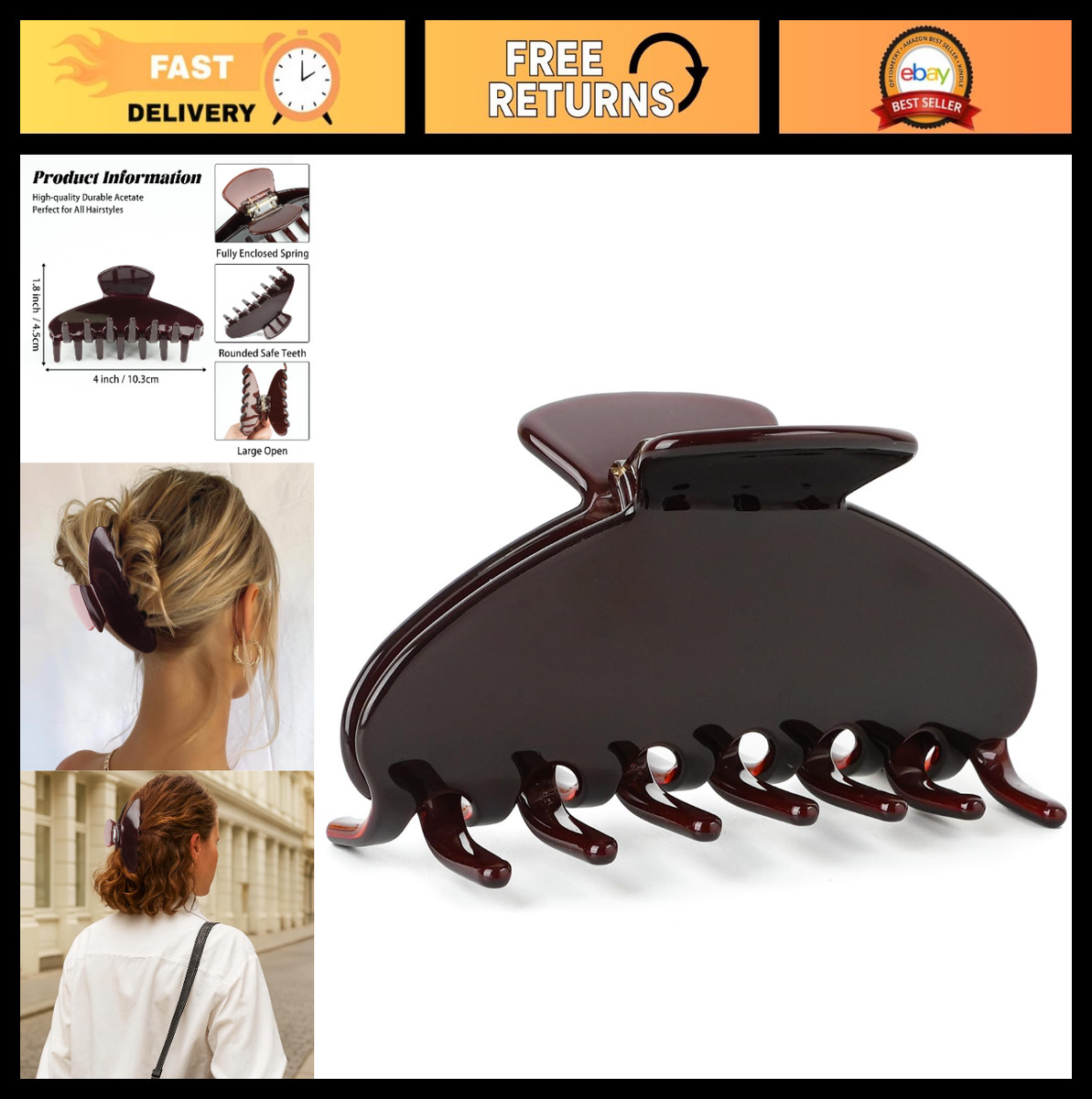 Large Vintage Y2K Hair Claw Clips - Durable Acetate Jaw Clip for Thick/Thin Hair