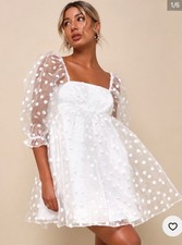 Lulus Engagement Fit Flare White Clip Dot Puff Sleeve Mini Dress  NWT S