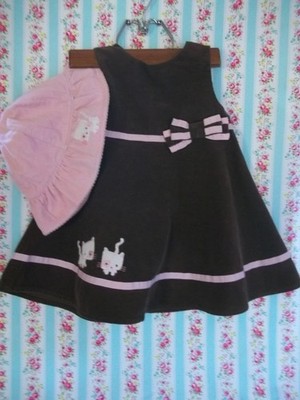 Gymboree '09 Nice Kitty brown fine wale corduroy jumper dress pink hat 6-12 cat