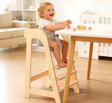 Natural Wood/White Baby High Chair, Adjustable Seat Height/Footrest, 3-Point