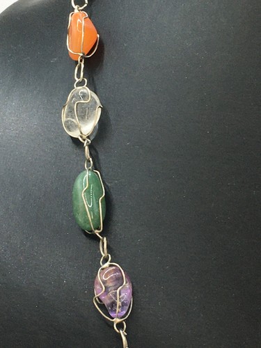 Multi Gemstone Necklace Assorted Crystals Silver Tone 28" Chain J20 P886 - Picture 4 of 12