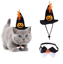 Halloween Pet Costume Set Adjustable Pumpkin Wizard Hat  Tie black, white