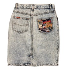 Vintage Jordache Acid Wash Denim Skirt Patchwork Pocket High Waist Blue 11/12
