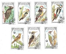 1987 MONGOLIA 7 STAMP SET WOODPECKERS IN NATURAL SURROUNDINGS USED MNH