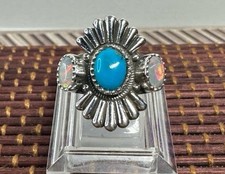 Southwest Sterling Silver Kingman Turquoise Ethiopian Opal Fan Edged Ring 8.25