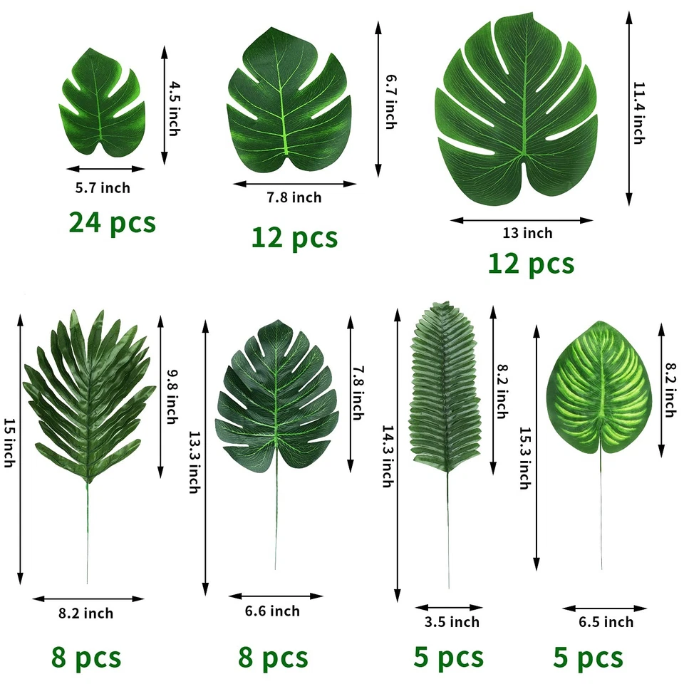 7 tipos de hojas tropicales falsas, telón de fondo de boda Luau, verde Foto 2 de 4