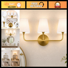 3-Light Brushed Gold Vanity Light Fixture, Modern Wall Sconce with White Shade f
