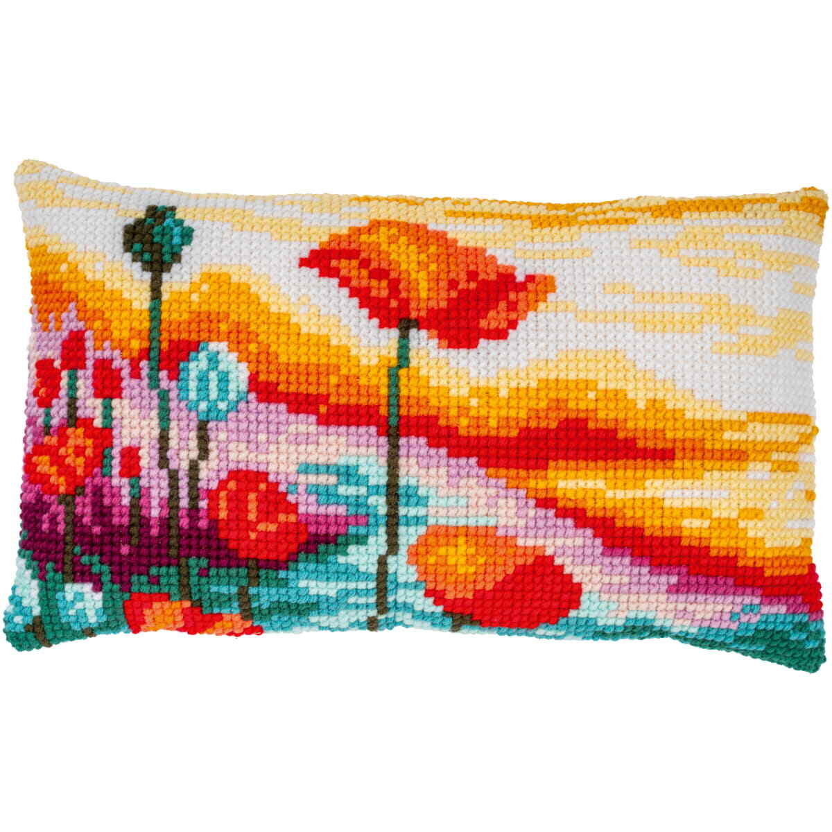 Vervaco stamped cross stitch kit cushion ""Poppies Landscape"", 50x30cm, DIY