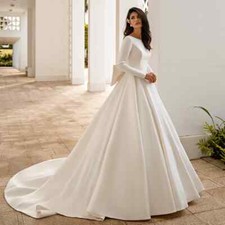Simple Satin Wedding Dresses O Neck Long Sleeve Backless Bow Pleated Bridal Gown
