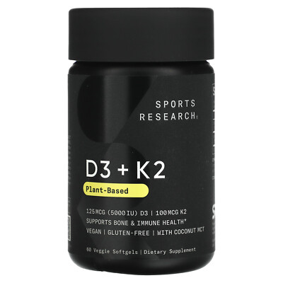 D3 + K2, Plant Based, 125 mcg/100 mcg, 60 Veggie Softgels