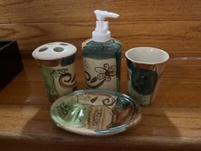 Vintage Flowers Bathroom Set of 4 Soap Toothbrush Holder Cup and Jar