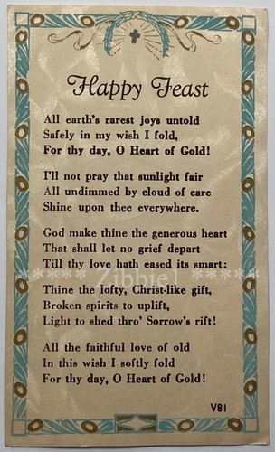 Happy Feast, Vintage Holy Devotional Prayer Card.