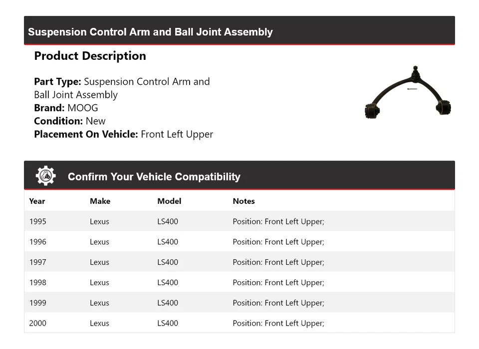Conjunto de rótula de brazo de control delantero izquierdo superior MOO para Lexus LS400 1995-2000 Foto 2 de 4
