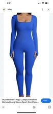 OQQ Women's Seamless Ribbed Long Sleeve Yoga Jumpsuit Blue Size Small