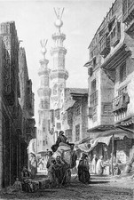 ÉGYPTE - Une RUE du CAIRE: Chameaux, marchands et moucharabieh - Gravure 19e