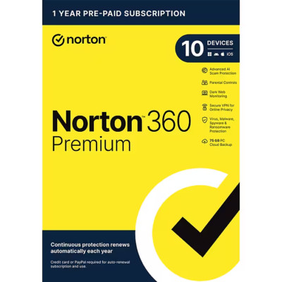 Norton 360 Premium 10 Devices 2026 VPN Antivirus Cloud Software 12 Months Retail