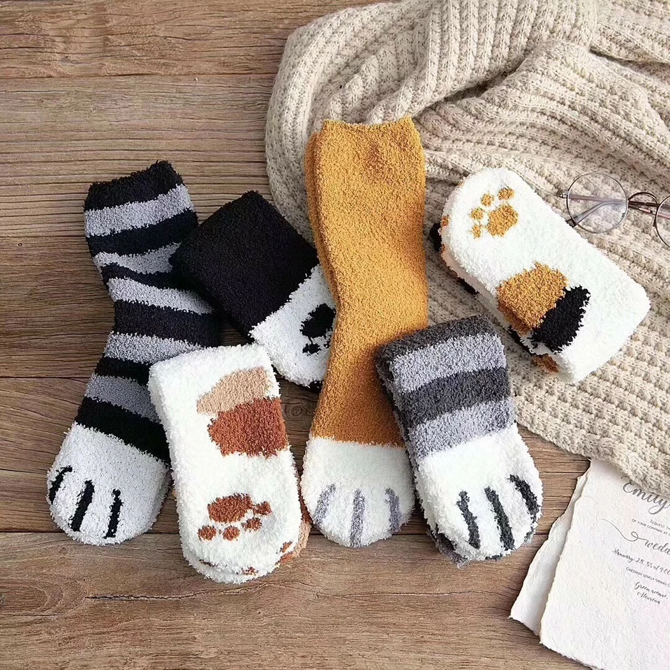 6 Pairs Warm Winter Socks Girls Kitty Cat Paws Cute Thick Warm Sleep Floor S~M - Image 3 of 4