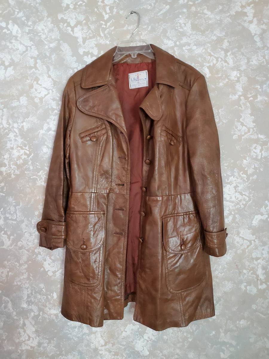 Vintage WILSON'S Women's Brown 100% LEATHER JACKET Trench Car Coat