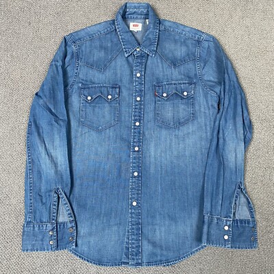 LEVIS Hemd Herren Small Blau Denim Western Druckknopf Perlen Regular Fit USA Cowboy