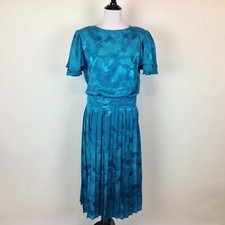 Vintage L.T.D. Satin Floral Maxi Dress Womens Medium Pleat Teal  