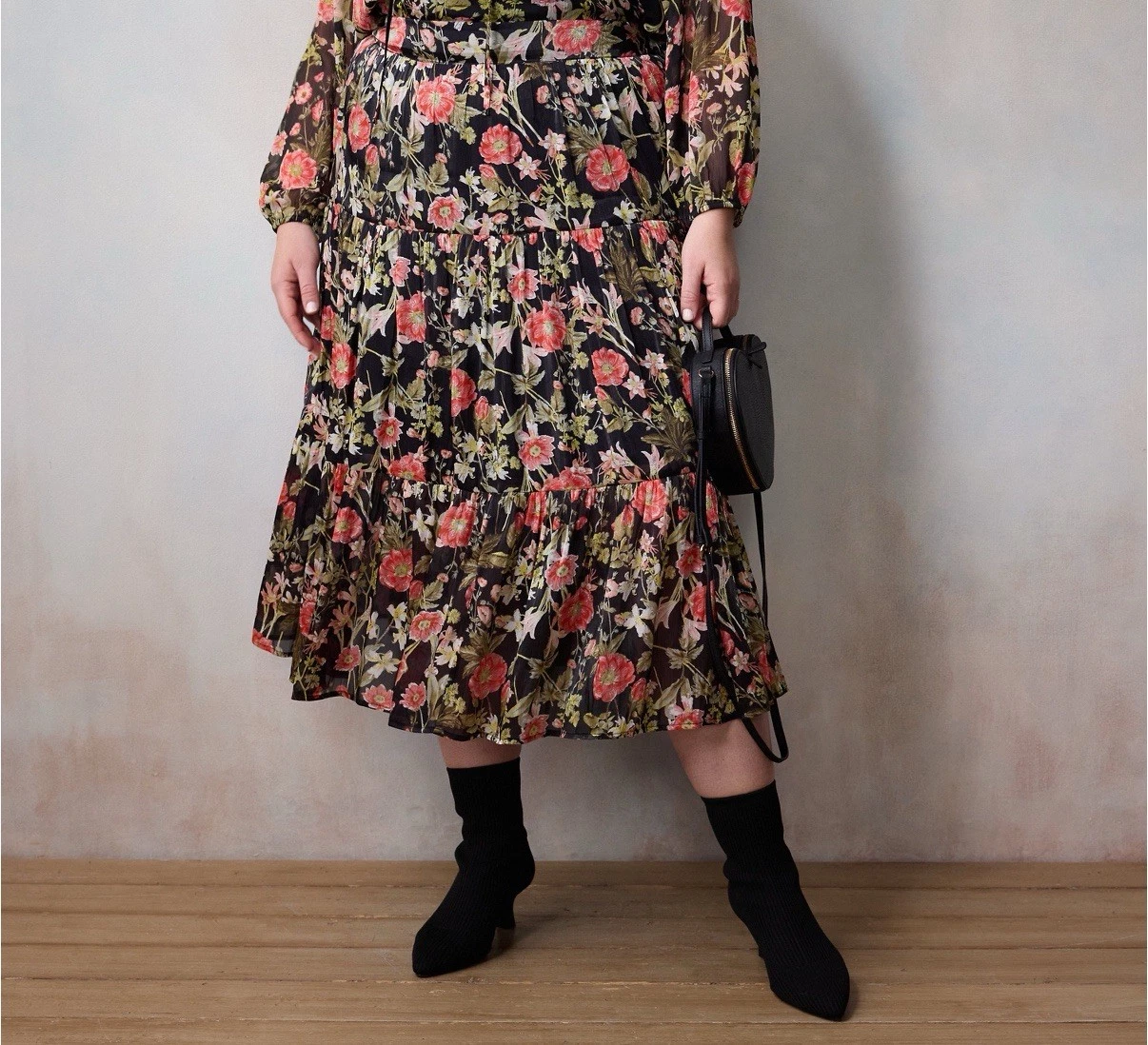 NEW Lauren Conrad 3X Floral Pull On Tiered Midi Skirt Black Pink Elastic Womens