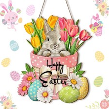 Bucherry Happy Easter Hanging Sign for Front Door Wooden Easter Decoration fo...