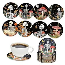Skull Diamond Art Coasters - 8 Pcs DIY Skull Flowers Mushroom Diamond Black