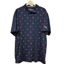 Puma Shirt Men Golf Polo Short Sleeve Blue Red Stars All Over Sport Preppy Core