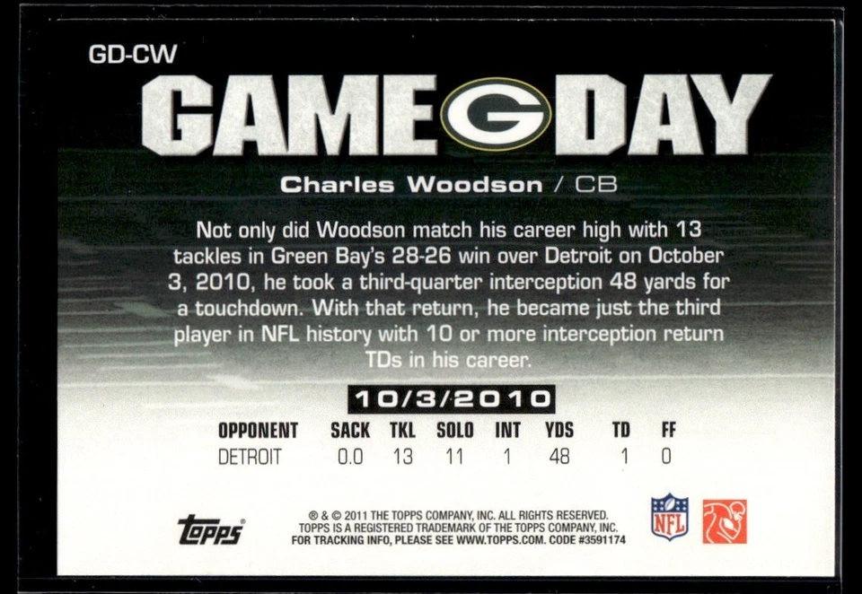 2011 Topps Game Day Charles Woodson Green Bay Packers #GD-CW - Image 2 of 2