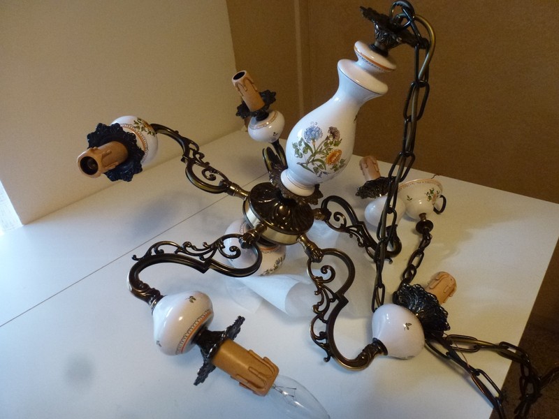 Vintage French Hand Painted Ceramic Metal Six Light Chandelier Atelier St-Michel
