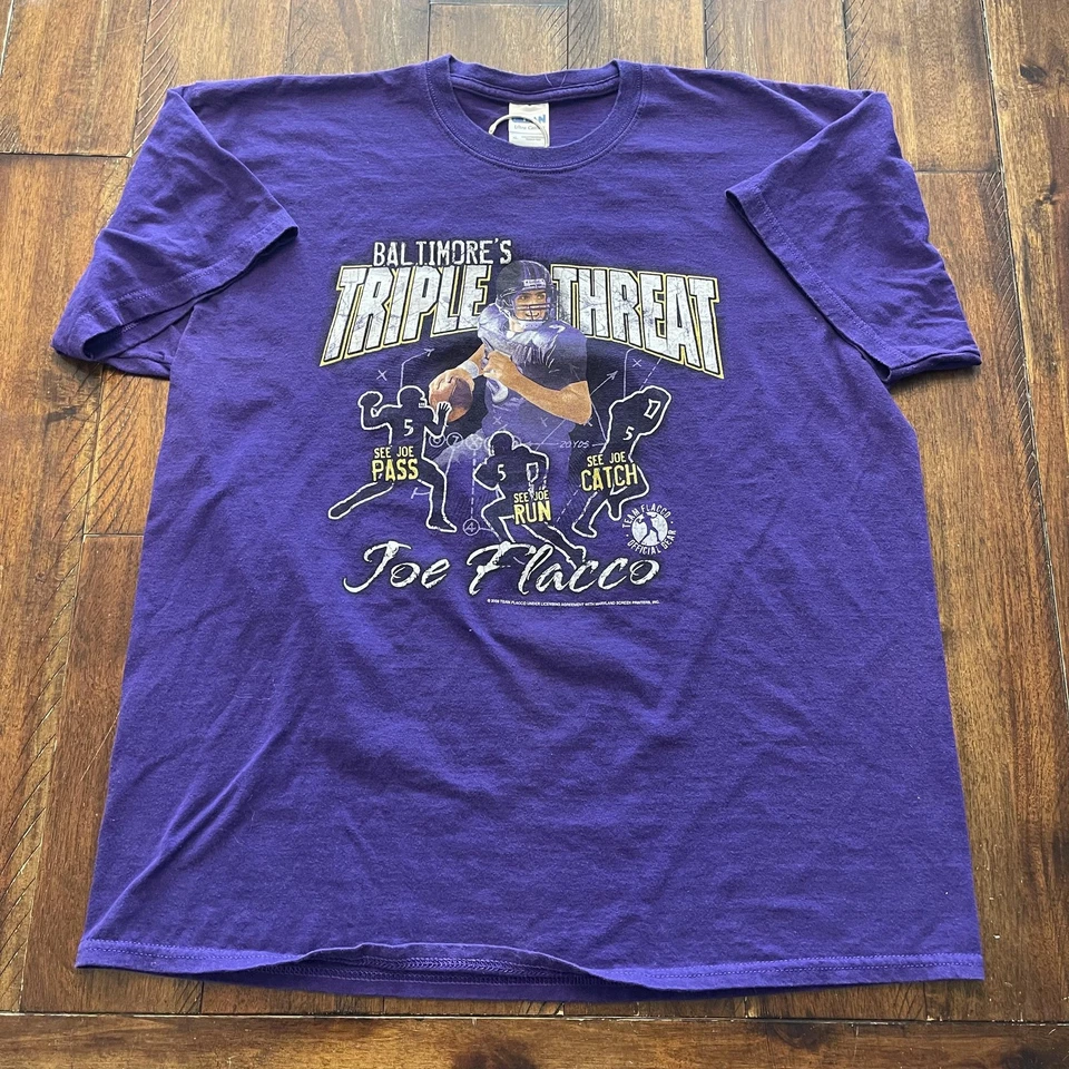 Camisa Baltimore Ravens Para Hombres XL Púrpura NFL Fútbol Joe Flacco 5 Gráfico Gildan Foto 2 de 4