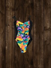 Swim Shaper Vintage 90s Neon Floral Shirred One-Piece Swimsuit