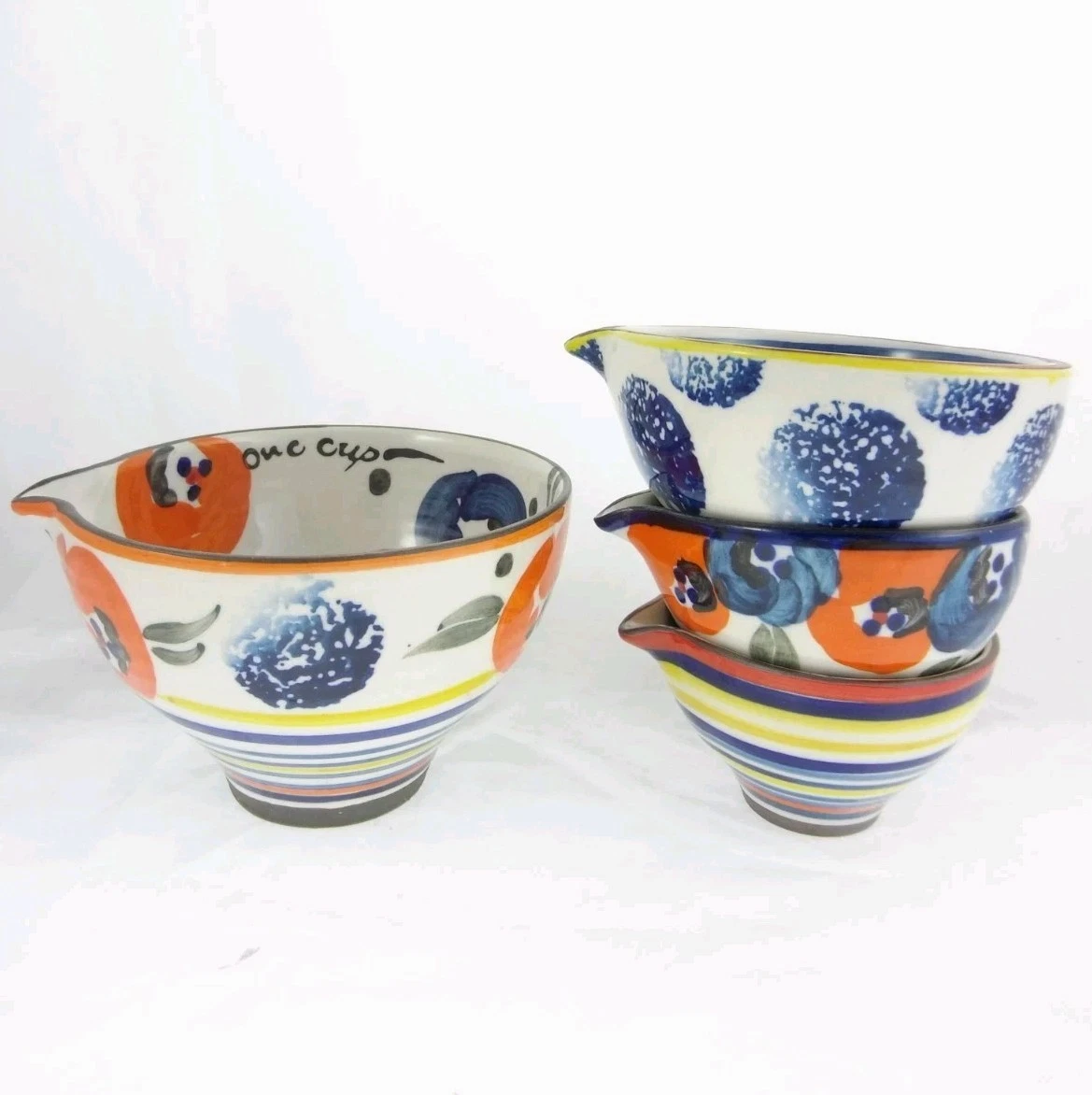 4ps Set Anthropologie Pottery Measuring Cups Blue Orange Flower Striped Ceramic