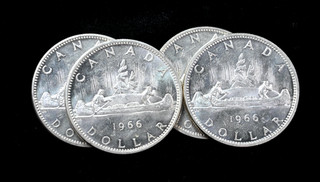 Lot of 4x 1966 $1 Canadian Silver Dollars Nice Condition Coins